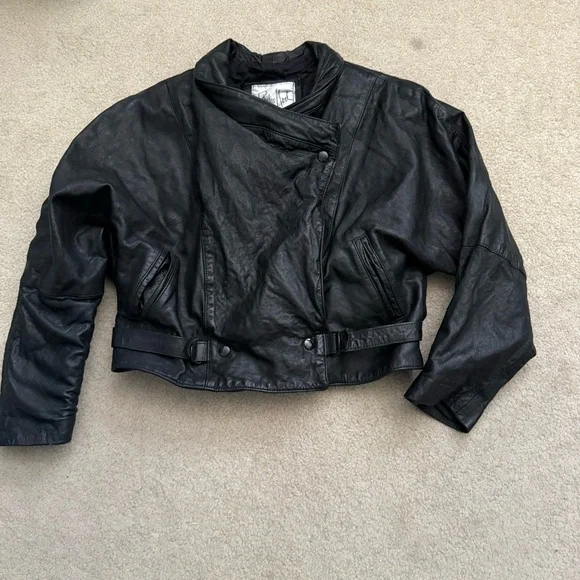 Vintage 1980s Philip Noel Cropped Black Leather Boxy Jacket